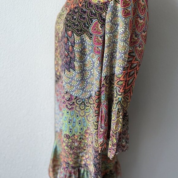 PRELUDE Colorful Print Bell Sleeve Shift Ruffle Trim Dress With Slip Size 10 - Picture 4 of 9
